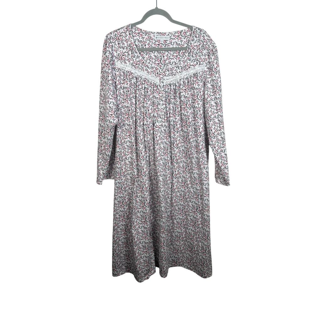 Eileen West Flannel White Pink Floral Nightgown Size Large Sleep Dress EUC